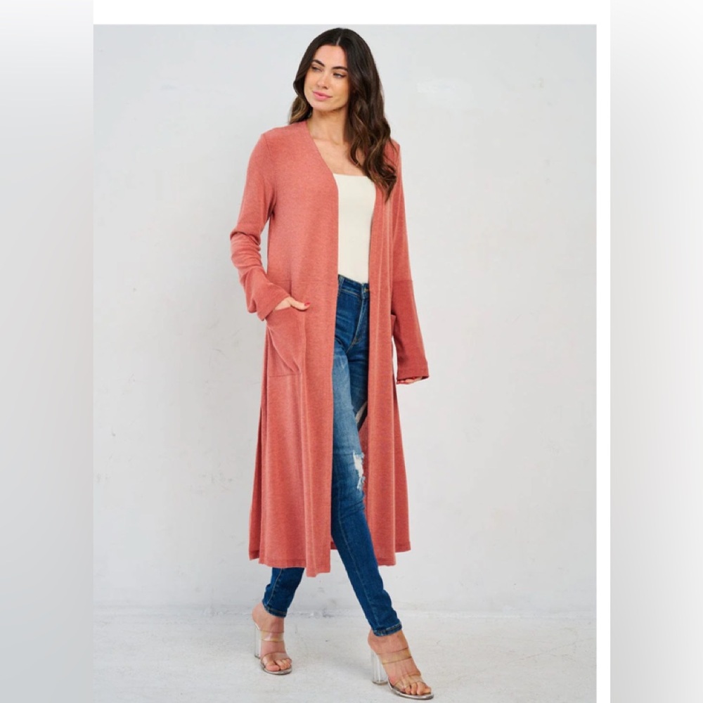 Long Sleeve Open Front Pockets Rust Cardigan - image 1